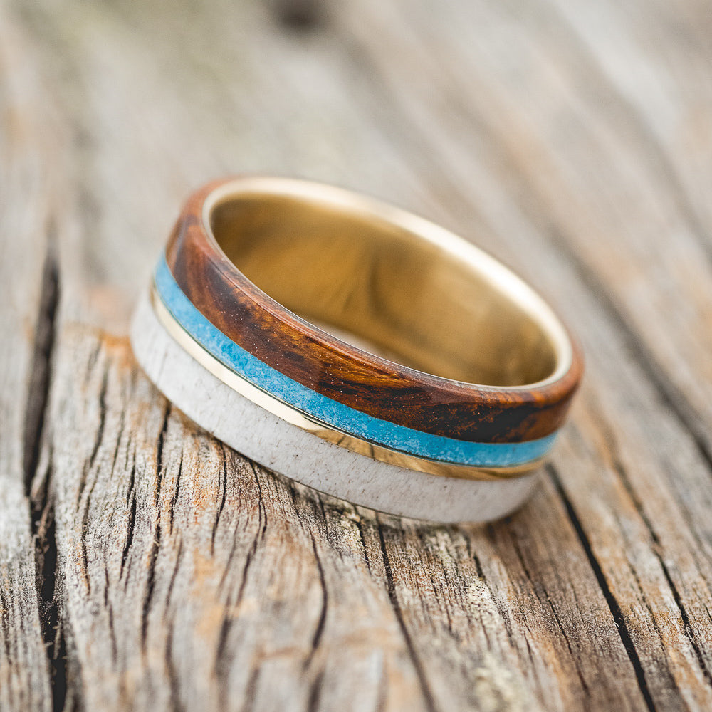 "ARGOS" - TURQUOISE, ANTLER, 14K GOLD INLAY & IRONWOOD WEDDING BAND-5