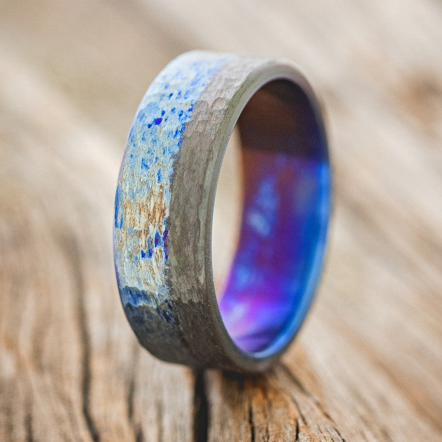 FIRE-TREATED TITANIUM WEDDING RING WITH BLACK ZIRCONIUM OVERLAY & HAMMERED FINISH-1