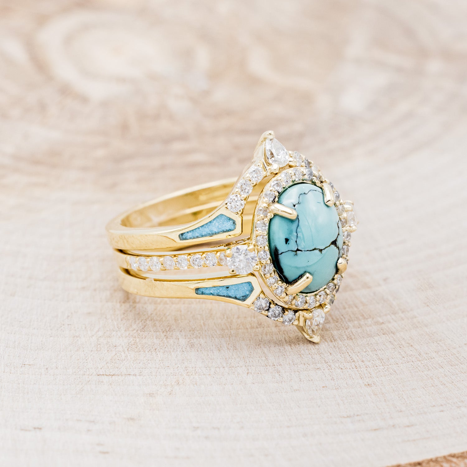 "KB" - BRIDAL SUITE - OVAL TURQUOISE ENGAGEMENT RING WITH DIAMOND ACCENTS & TRACERS-2