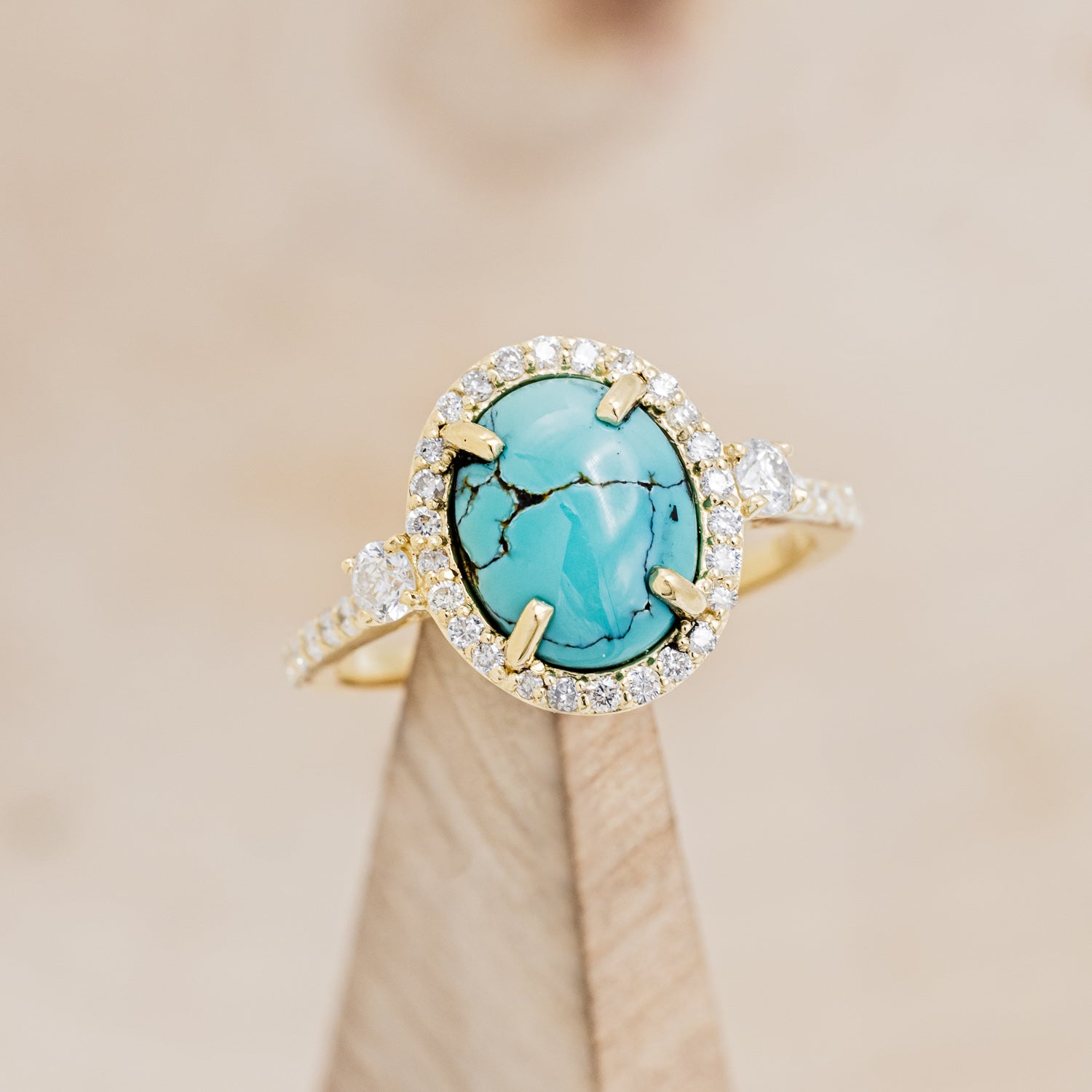 "KB" - BRIDAL SUITE - OVAL TURQUOISE ENGAGEMENT RING WITH DIAMOND ACCENTS & TRACERS-9