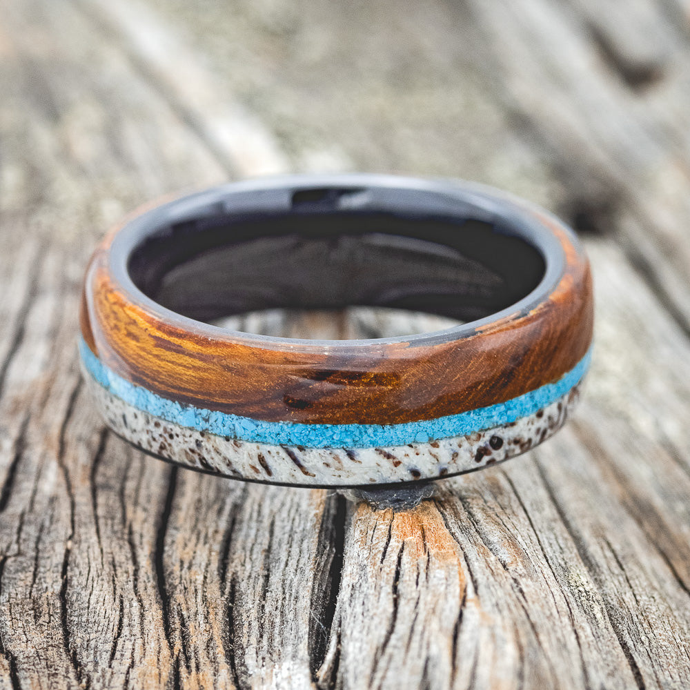 "ARGOS" - IRONWOOD, ANTLER & TURQUOISE WEDDING BAND-12