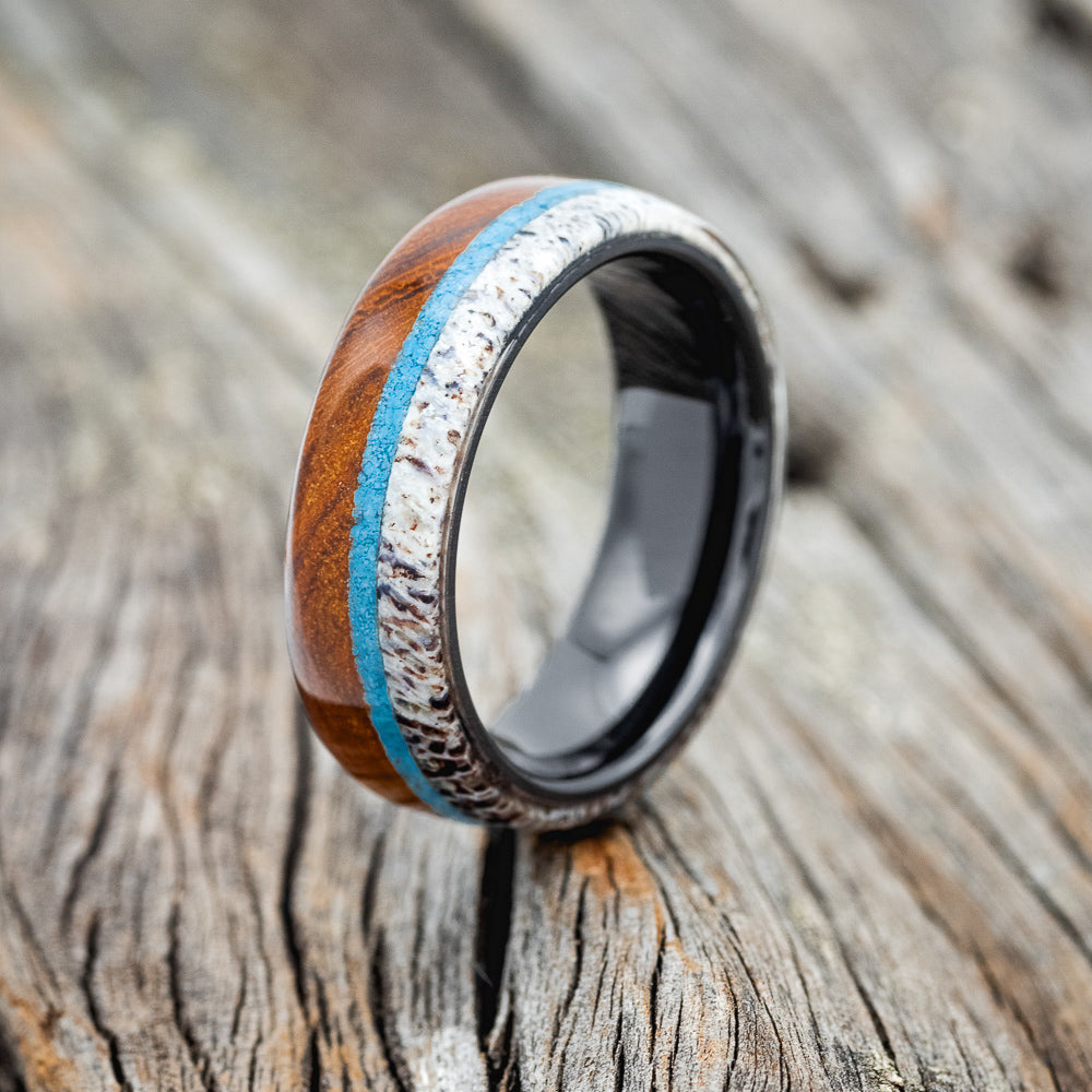 "ARGOS" - IRONWOOD, ANTLER & TURQUOISE WEDDING BAND-10