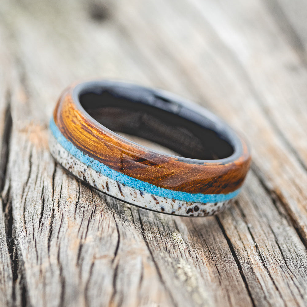 "ARGOS" - IRONWOOD, ANTLER & TURQUOISE WEDDING BAND-11