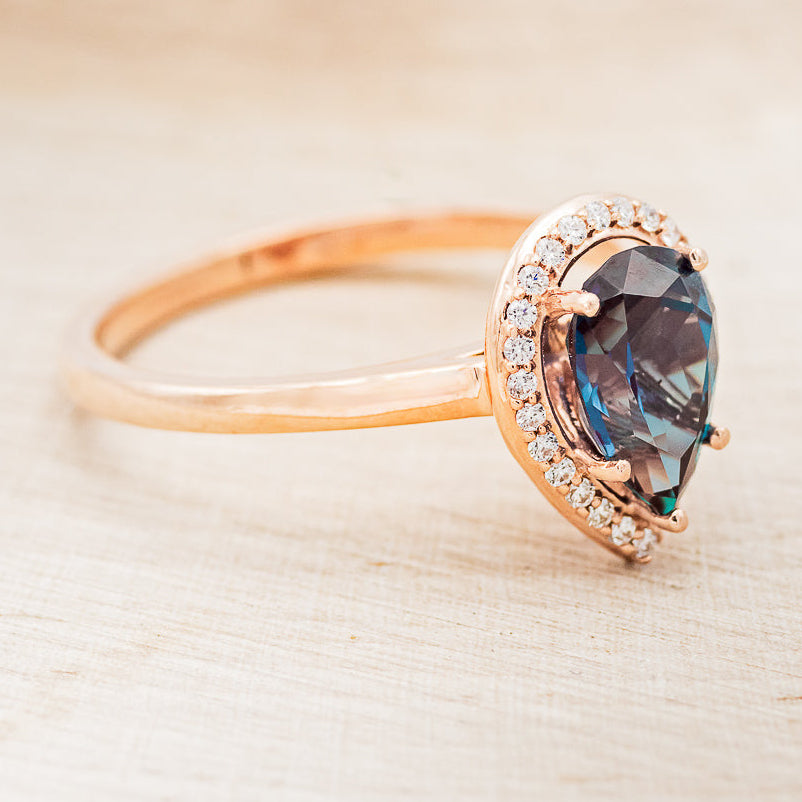 "CLARISS" - PEAR-SHAPED LAB-GROWN ALEXANDRITE ENGAGEMENT RING WITH DIAMOND HALO - EXPEDITED-2
