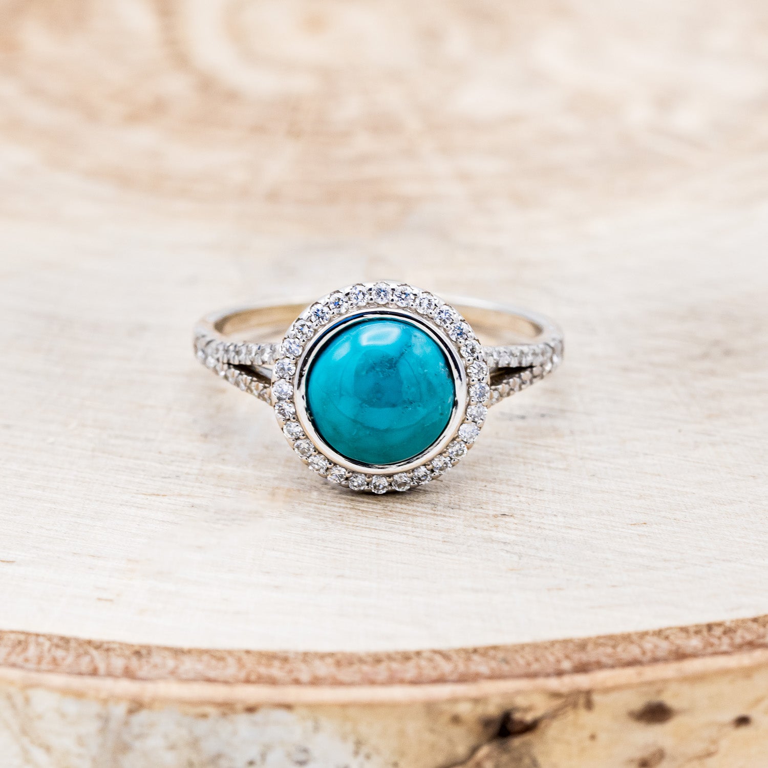 "NOVA" - ROUND CUT TURQUOISE ENGAGEMENT RING WITH DIAMOND HALO & ACCENTS-10