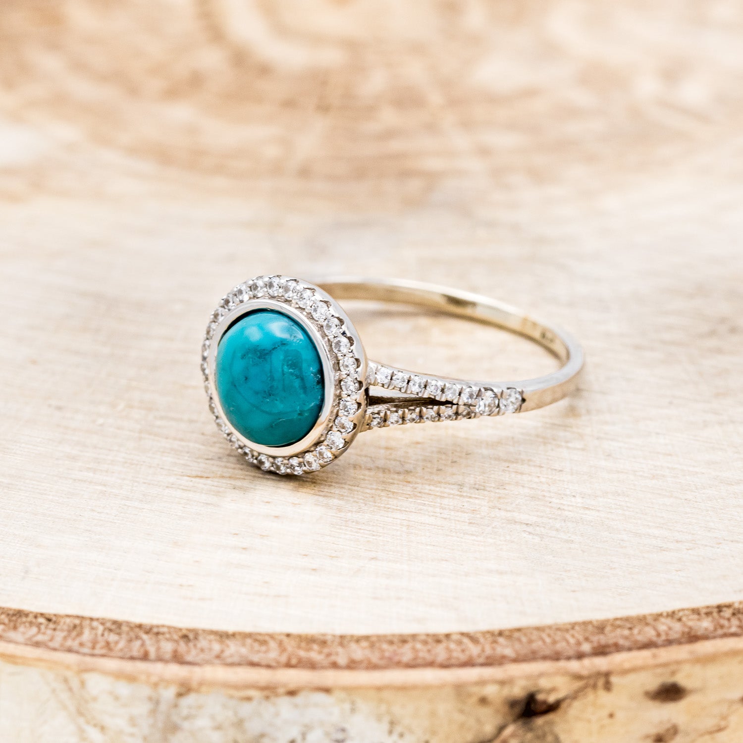 "NOVA" - ROUND CUT TURQUOISE ENGAGEMENT RING WITH DIAMOND HALO & ACCENTS-9