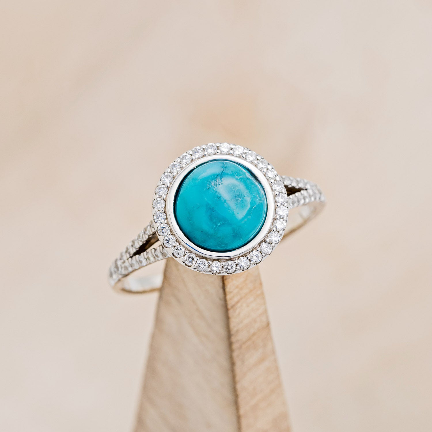 "NOVA" - ROUND CUT TURQUOISE ENGAGEMENT RING WITH DIAMOND HALO & ACCENTS-7