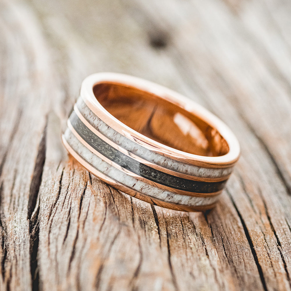 "RIO" - ANTLER & PYRITE INLAYS WEDDING BAND-6