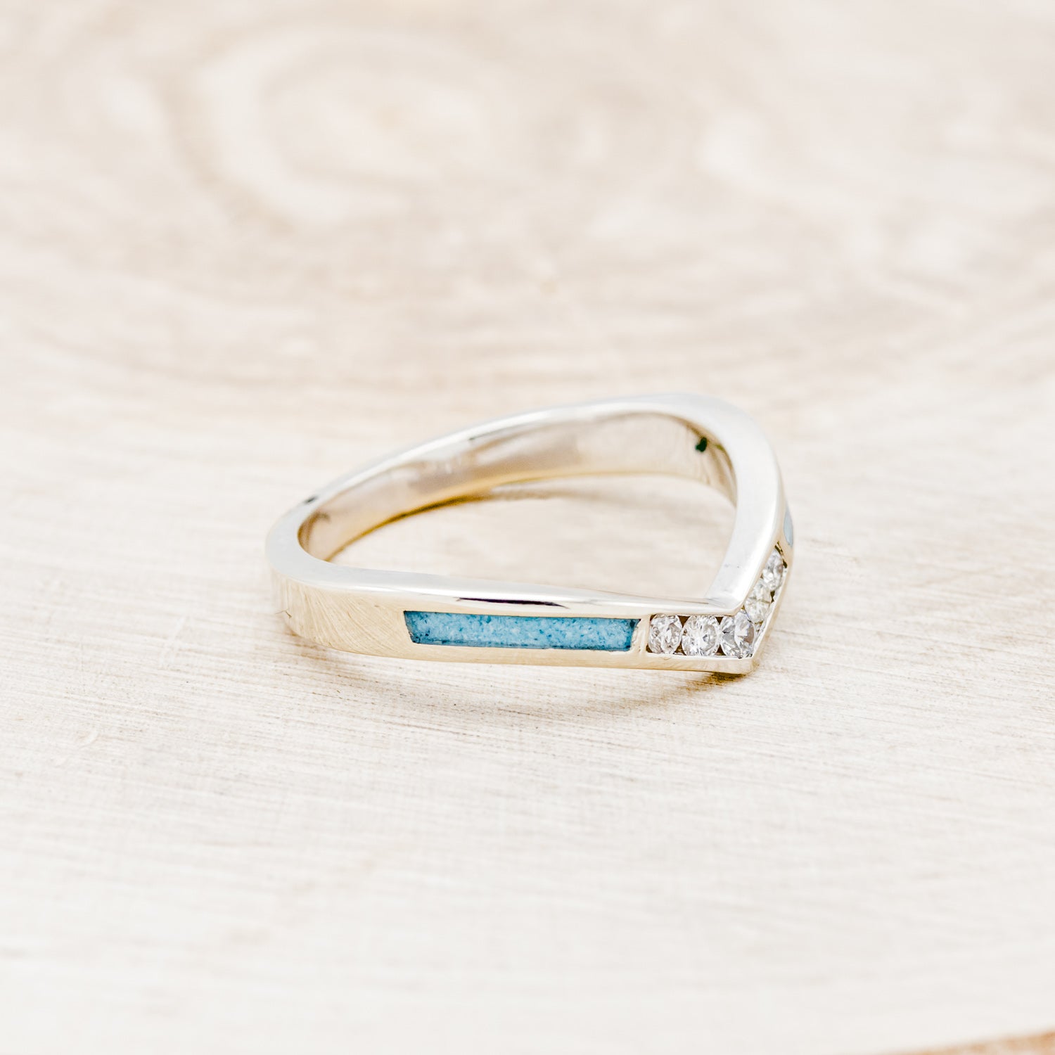 "KIDA" - V-SHAPED STACKING BAND WITH DIAMONDS & TURQUOISE INLAYS-2