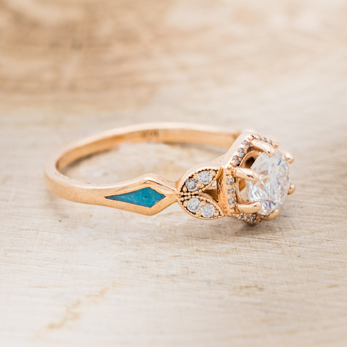 "LUCY IN THE SKY" PETITE - ROUND CUT MOISSANITE ENGAGEMENT RING WITH DIAMOND ACCENTS & TURQUOISE INLAYS-2