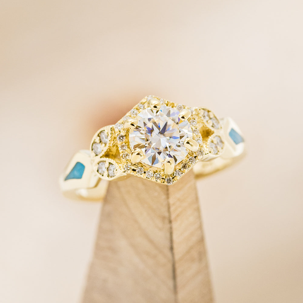 "LUCY IN THE SKY" PETITE - ROUND CUT MOISSANITE ENGAGEMENT RING WITH DIAMOND ACCENTS & TURQUOISE INLAYS-7