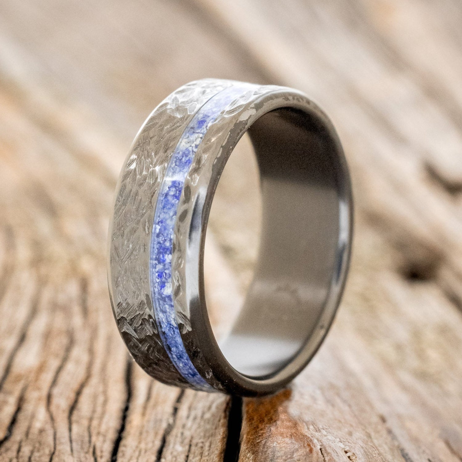 "VERTIGO" - LAPIS LAZULI WEDDING BAND WITH A CROSSHATCHED FINISH-4