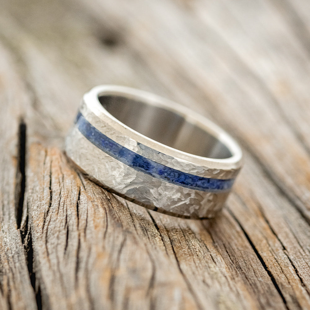"VERTIGO" - LAPIS LAZULI WEDDING BAND WITH A CROSSHATCHED FINISH-2