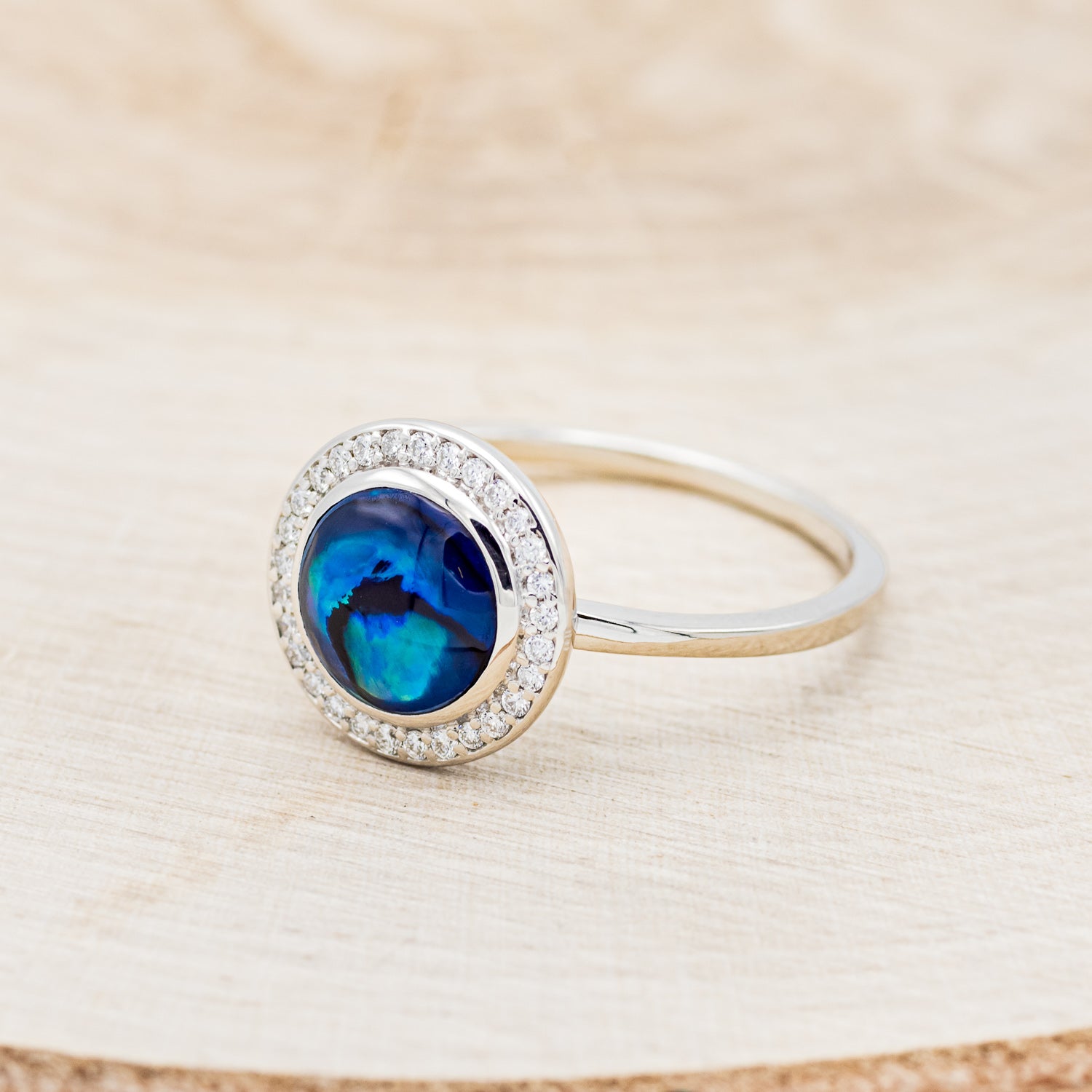 "TERRA" - ROUND PAUA SHELL ENGAGEMENT RING WITH DIAMOND HALO-3