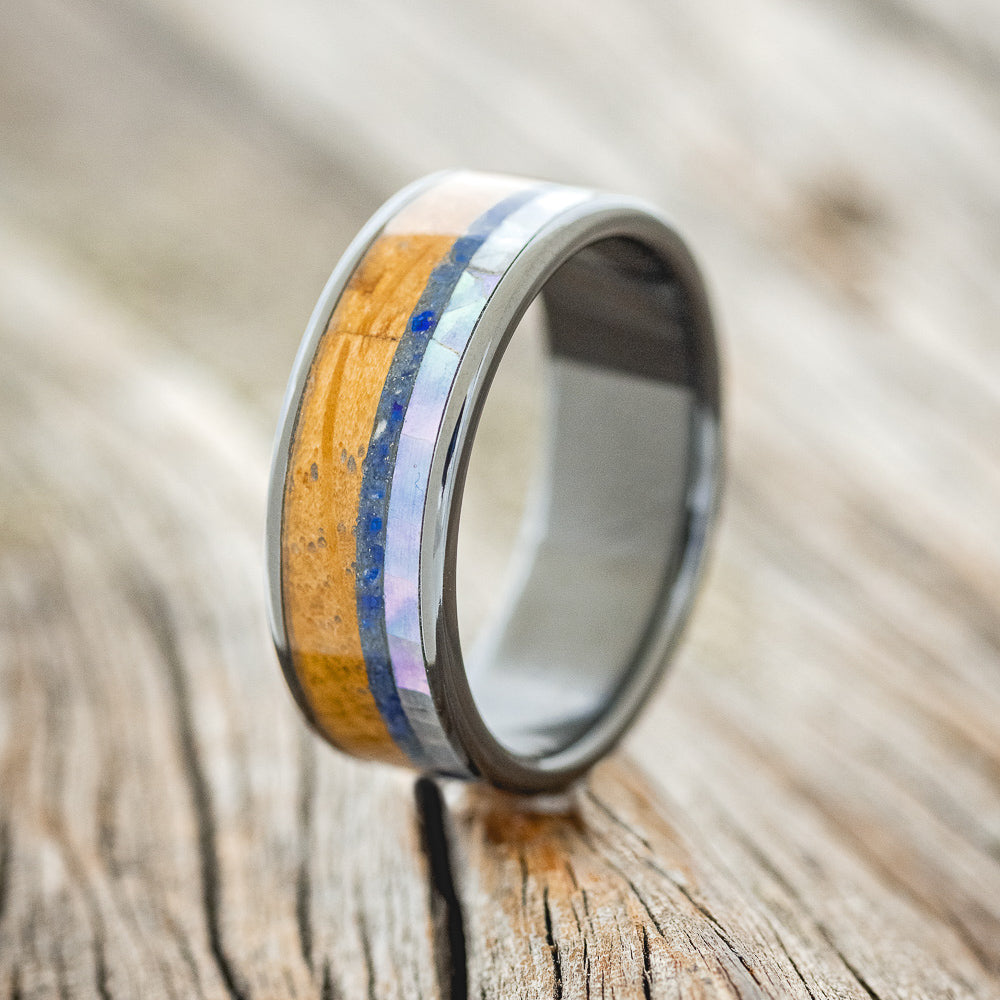 "RAINIER" - MOTHER OF PEARL, LAPIS LAZULI & WHISKEY BARREL OAK WEDDING BAND-4