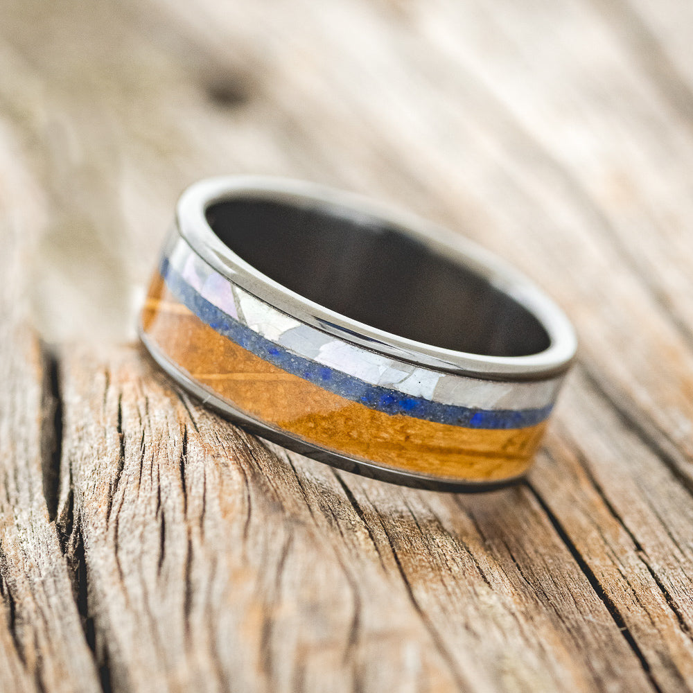 "RAINIER" - MOTHER OF PEARL, LAPIS LAZULI & WHISKEY BARREL OAK WEDDING BAND-5