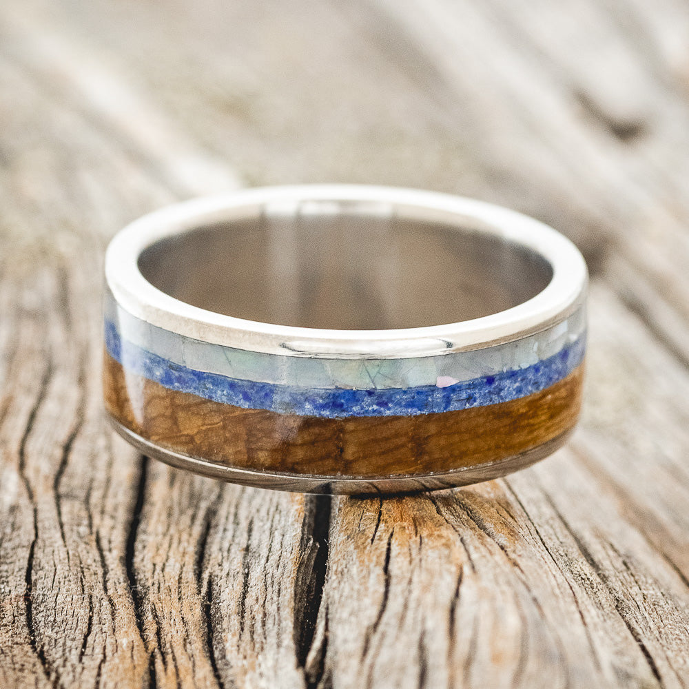"RAINIER" - MOTHER OF PEARL, LAPIS LAZULI & WHISKEY BARREL OAK WEDDING BAND-3
