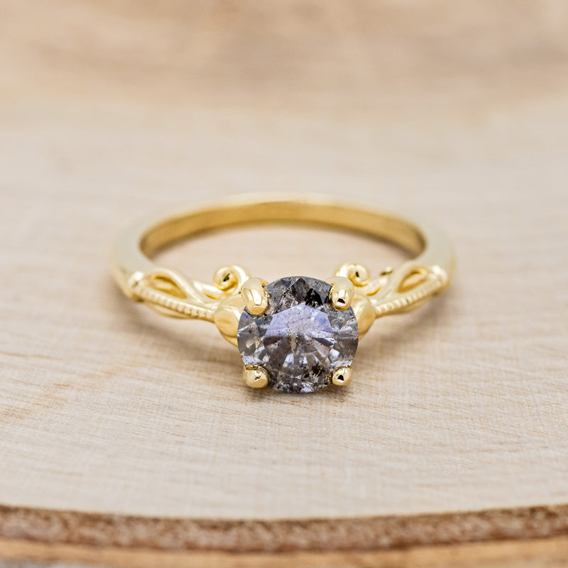 Shown here is "Rosemary", a vintage-style women's engagement ring with sculptural-inspired band displayed here with a round salt and pepper diamond but listed here as a mounting-only option, front facing. Follow the instructions above to select your stone.