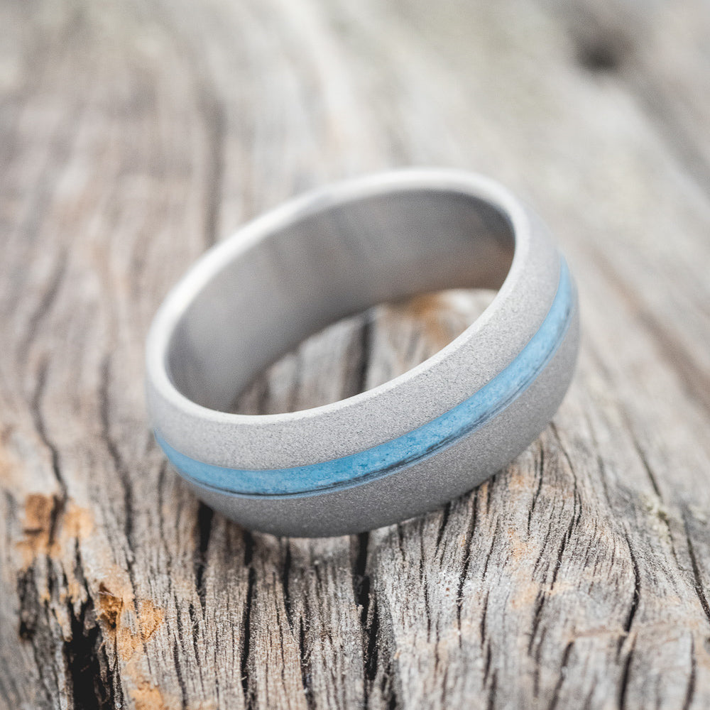 "VERTIGO" - DOMED TURQUOISE WEDDING BAND WITH SANDBLASTED FINISH-3