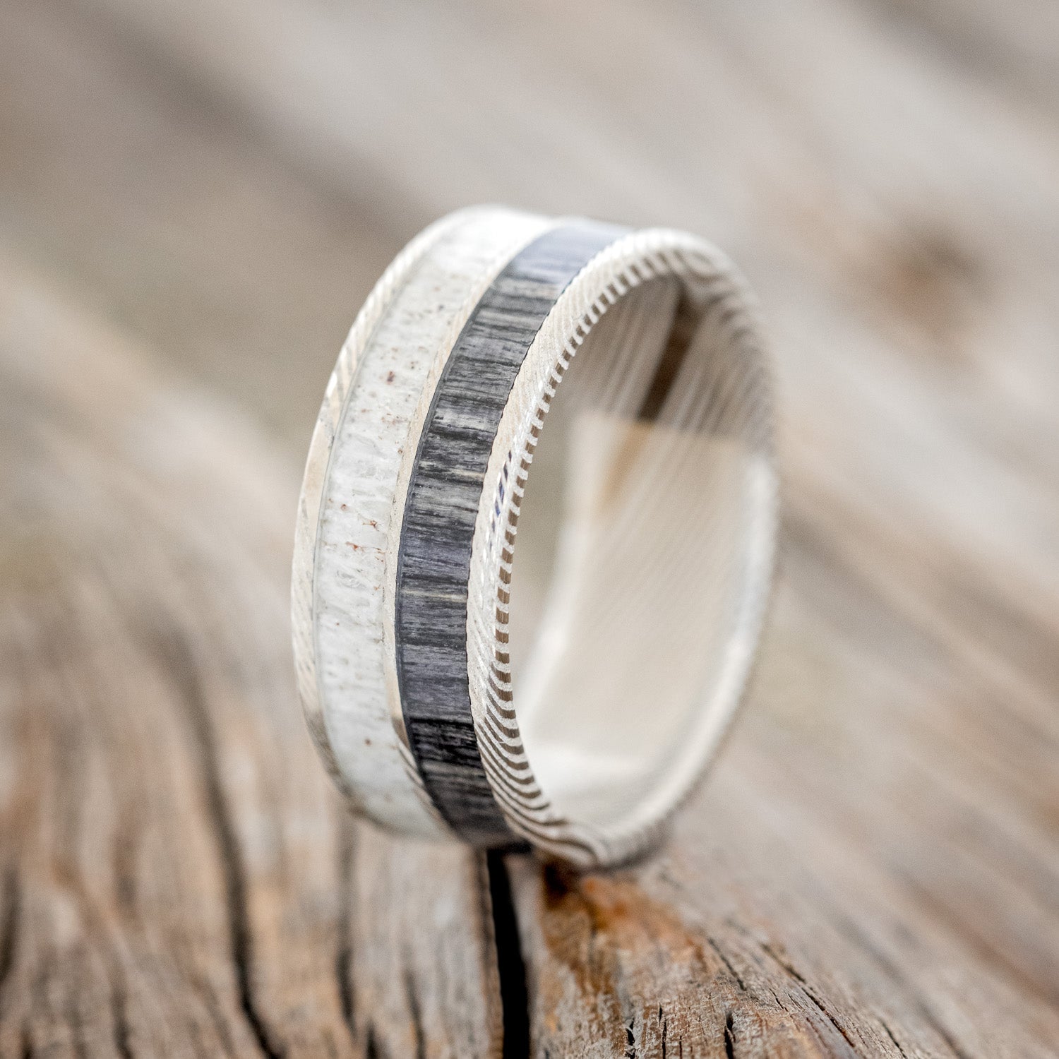 "DYAD" - GREY BIRCH WOOD & ANTLER WEDDING BAND-7