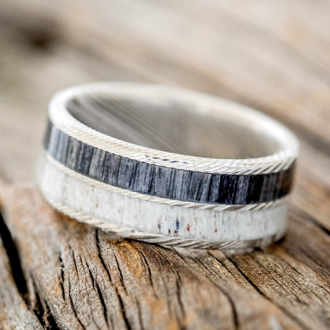 "DYAD" - GREY BIRCH WOOD & ANTLER WEDDING BAND-8