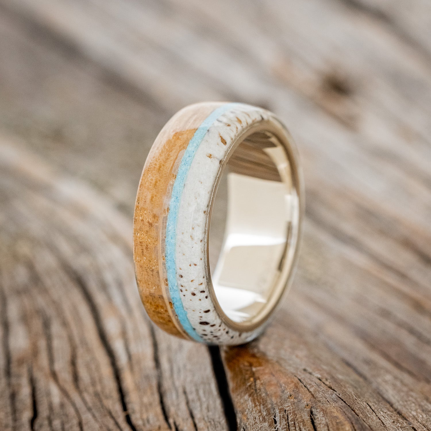 "THE EXPEDITION" & "ARGOS" - MATCHING SET OF ANTLER, TURQUOISE & WHISKEY BARREL OAK WEDDING RINGS-3