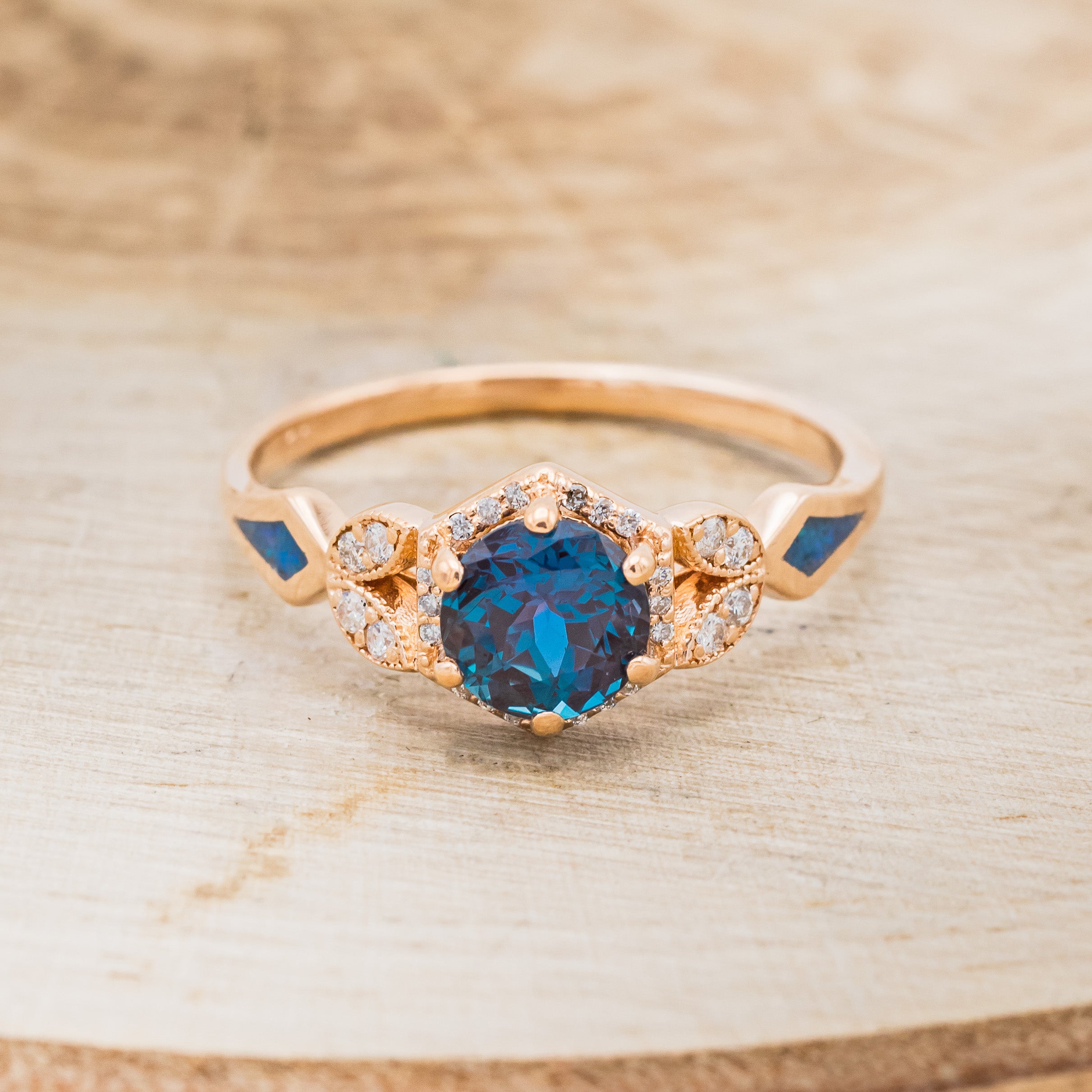 "LUCY IN THE SKY" PETITE - ROUND CUT LAB-GROWN ALEXANDRITE ENGAGEMENT RING WITH DIAMOND ACCENTS & BLUE OPAL INLAYS-10