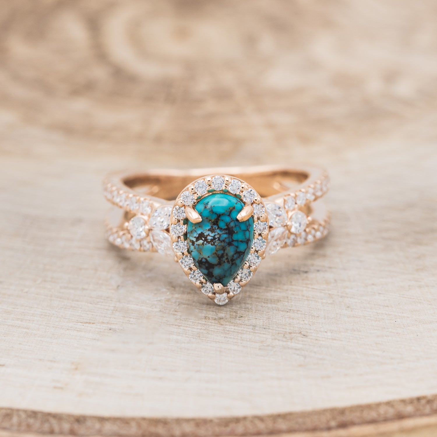 "LORETTA" - PEAR-SHAPED TURQUOISE ENGAGEMENT RING WITH DIAMOND HALO & ACCENTS-4