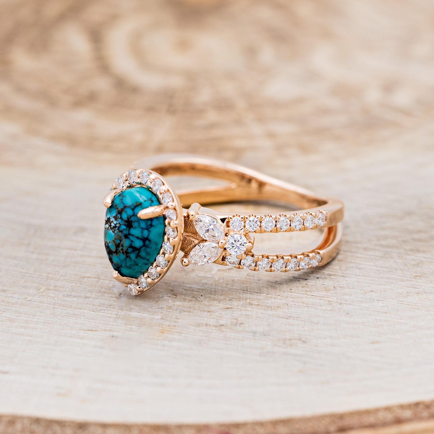 "LORETTA" - PEAR-SHAPED TURQUOISE ENGAGEMENT RING WITH DIAMOND HALO & ACCENTS-3