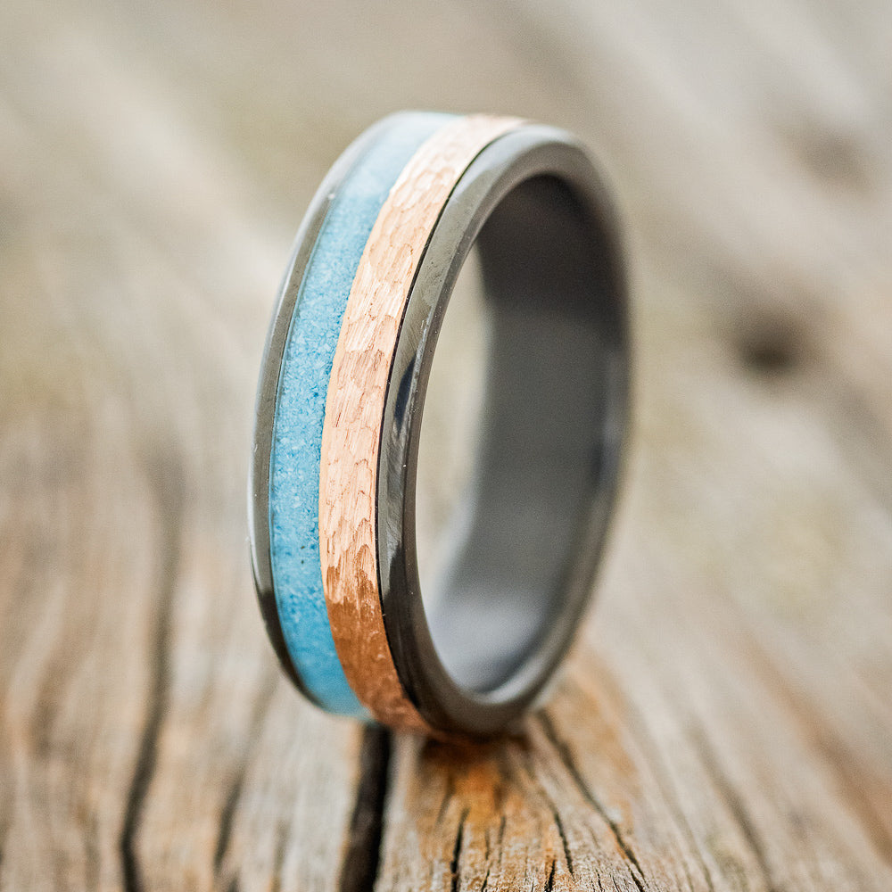 "FLYNN" - TURQUOISE & A HAMMERED 14K GOLD INLAY WEDDING BAND-4