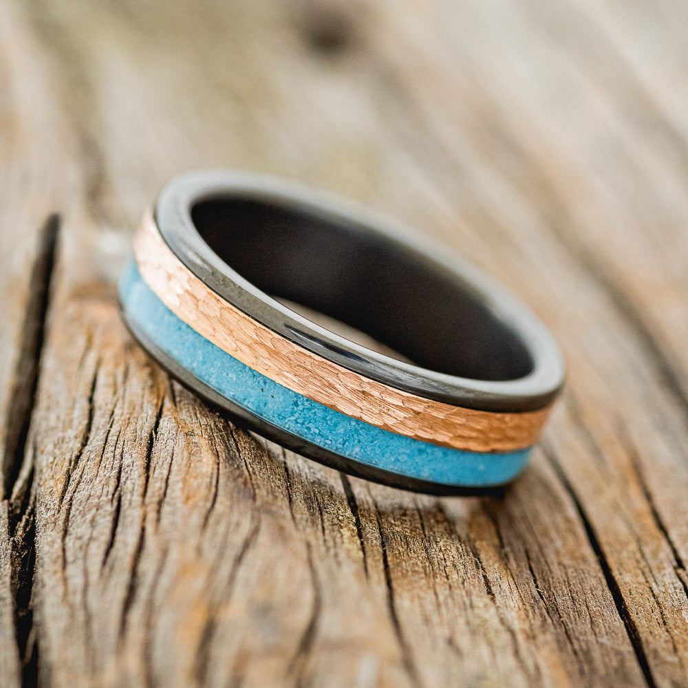 "FLYNN" - TURQUOISE & A HAMMERED 14K GOLD INLAY WEDDING BAND-5