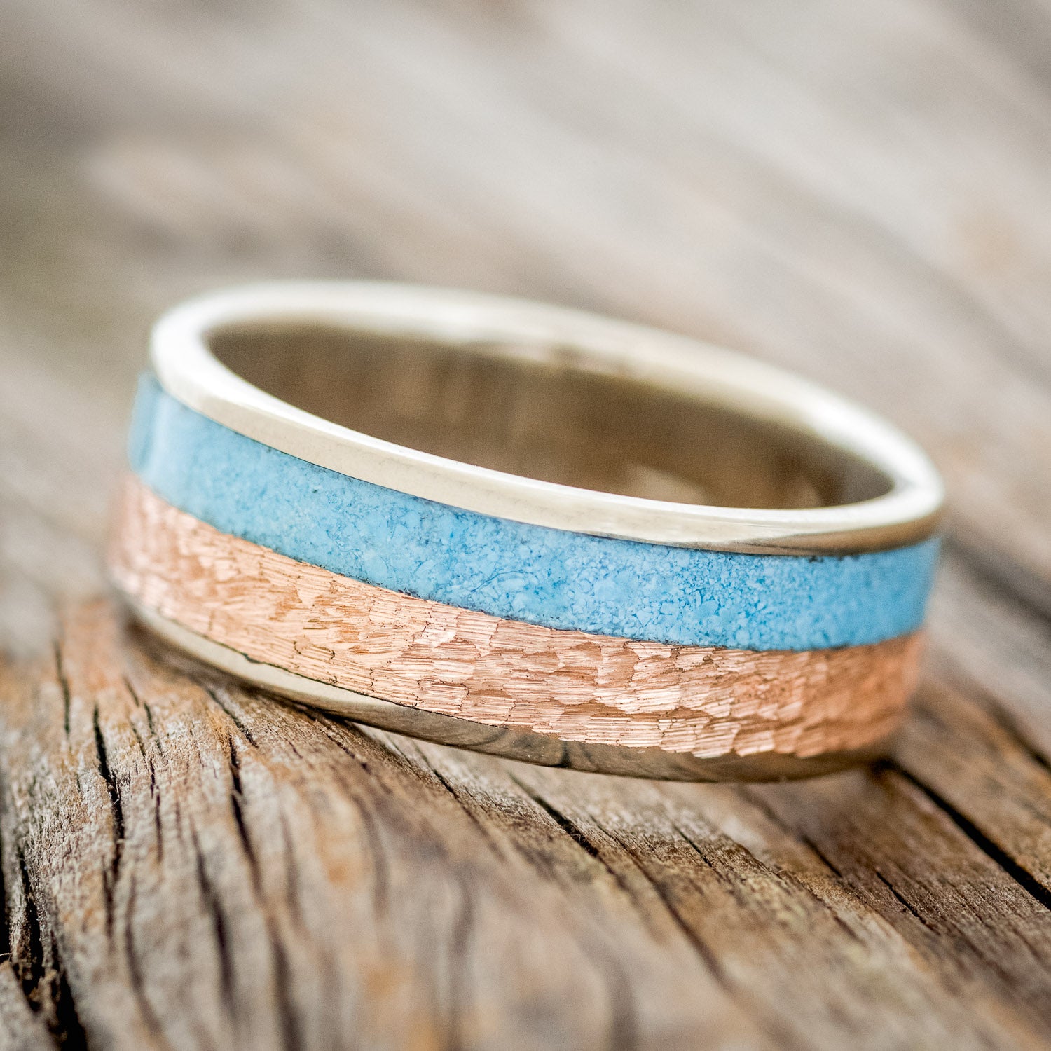 "FLYNN" - TURQUOISE & HAMMERED 14K GOLD INLAY WEDDING RING FEATURING A 14K GOLD BAND-2