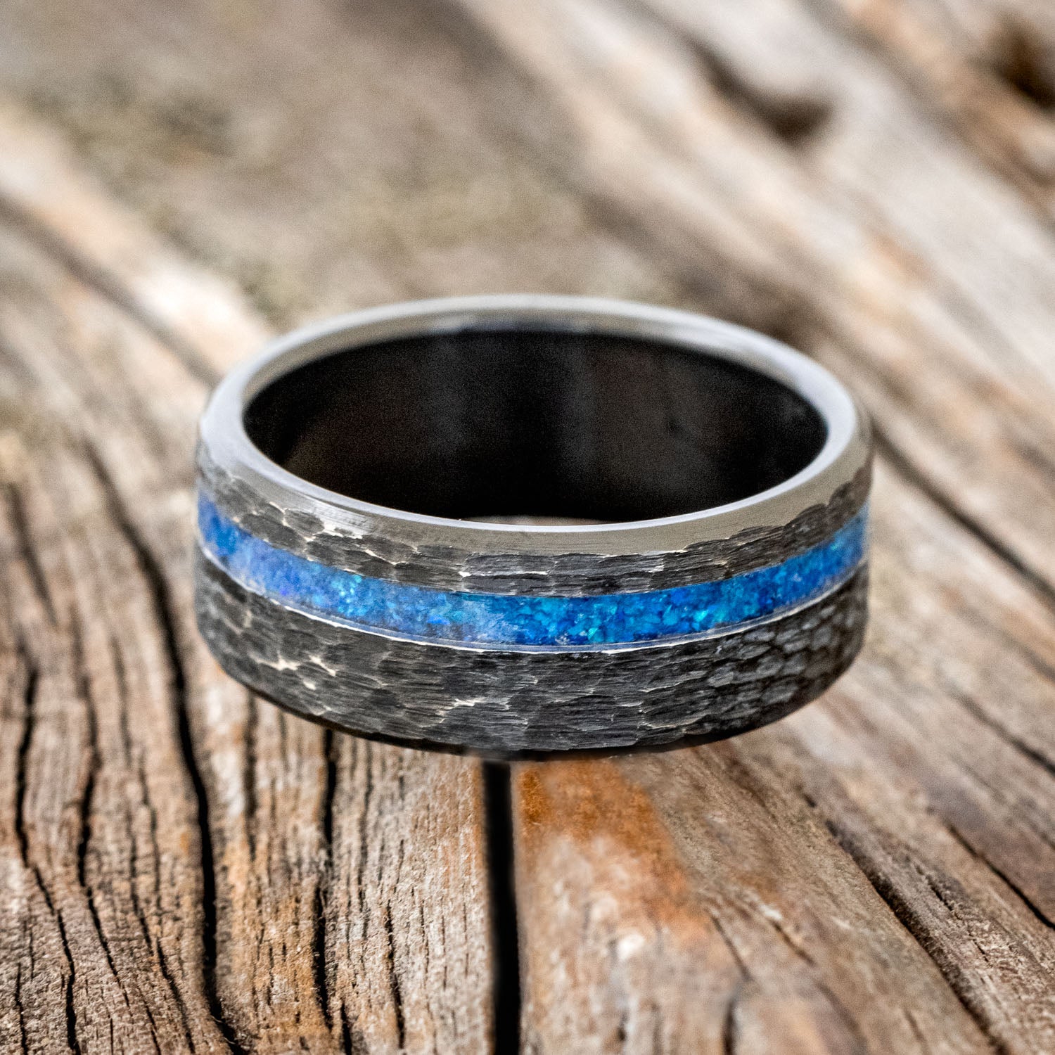 "VERTIGO" - BLUE OPAL WEDDING BAND WITH A HAMMERED FINISH-6