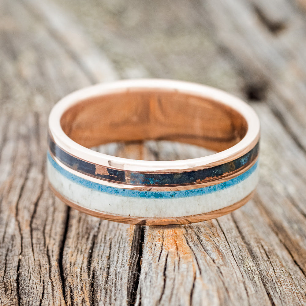 "ELEMENT" - MATCHING SET OF ANTLER, TURQUOISE & PATINA COPPER WEDDING BANDS-6