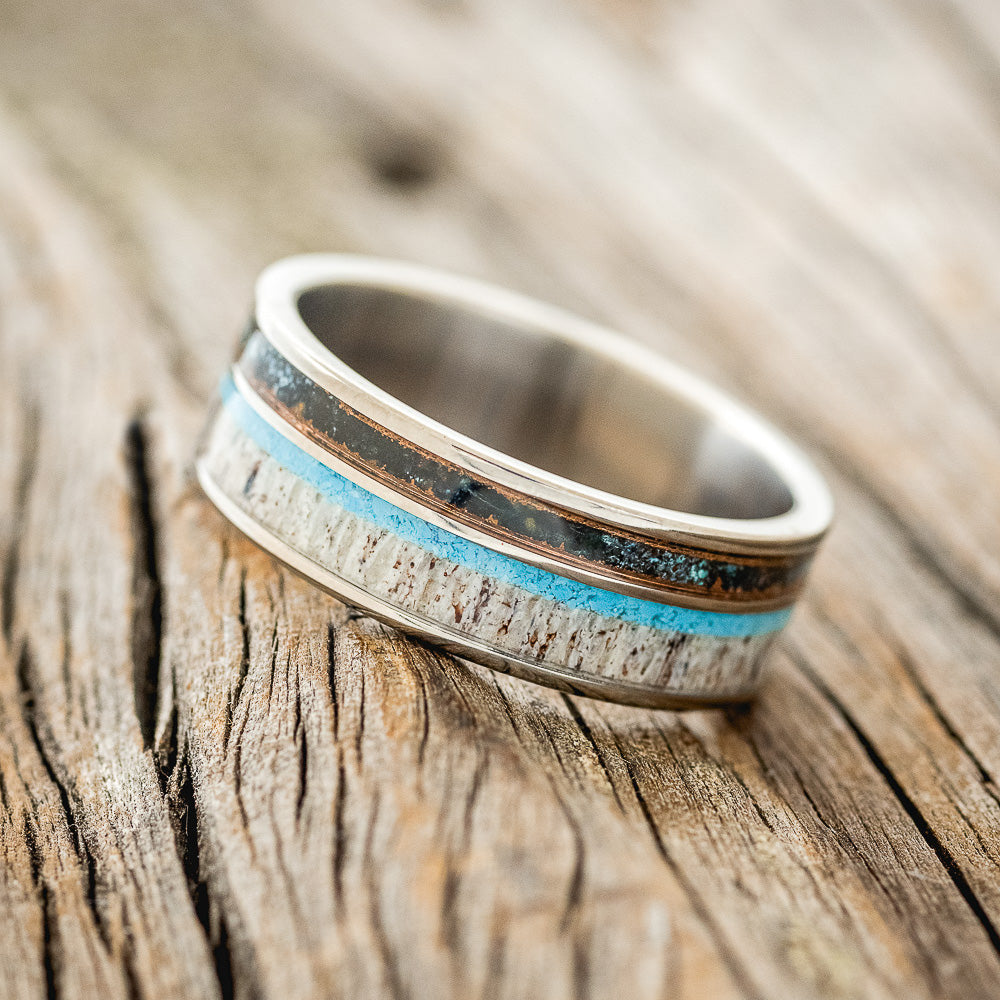 "ELEMENT" - PATINA COPPER, ANTLER & TURQUOISE WEDDING BAND-2