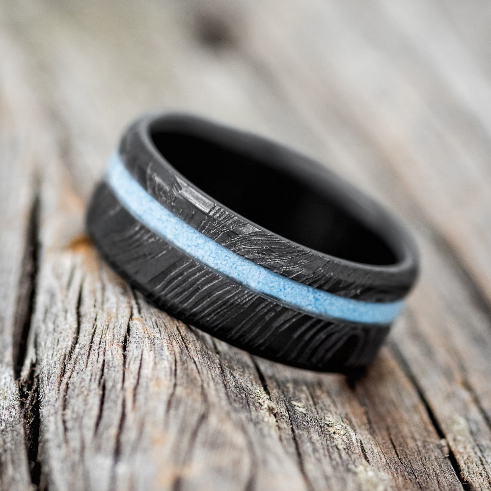 "VERTIGO" - TURQUOISE WEDDING RING FEATURING A WOODGRAIN BAND - READY TO SHIP-2