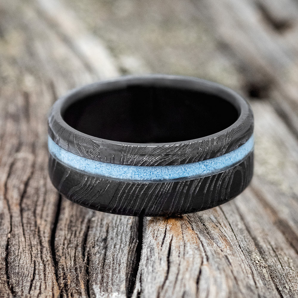 "VERTIGO" - TURQUOISE WEDDING RING FEATURING A WOODGRAIN BAND-4