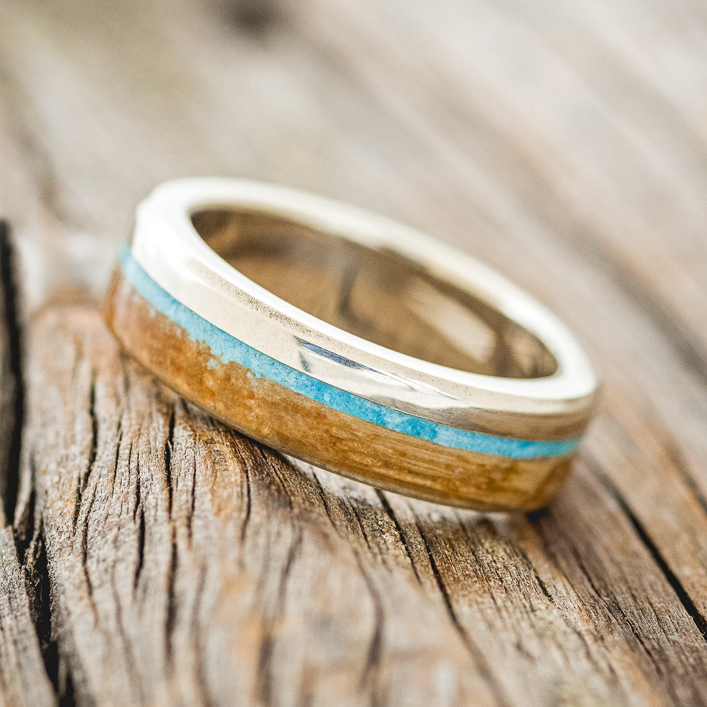 "EZRA" - MATCHING SET OF WHISKEY BARREL OAK & TURQUOISE WEDDING RING FEATURING 14K GOLD BANDS-4