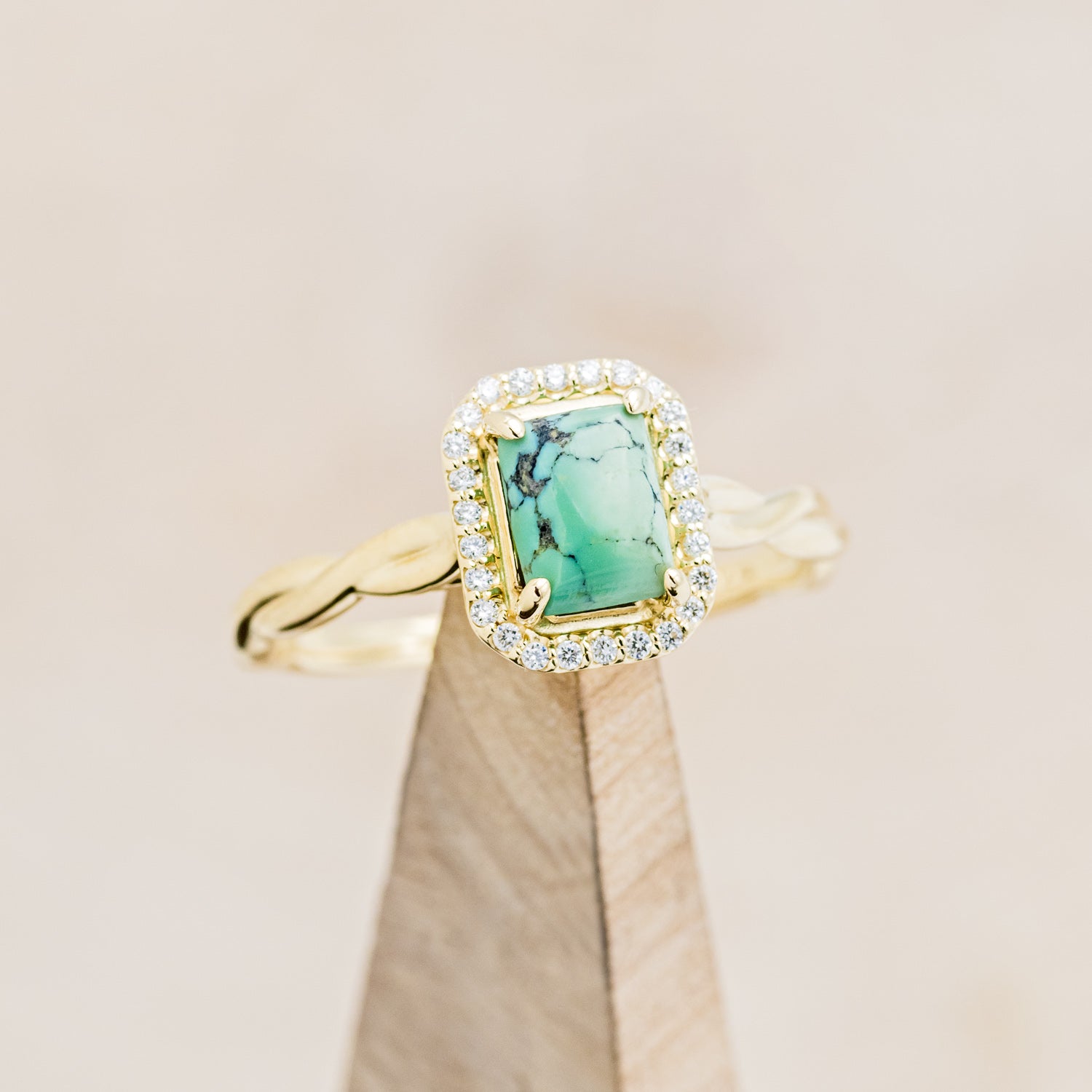 "EVERLEIGH" - EMERALD CUT TURQUOISE WEDDING BAND SET WITH DIAMOND HALO & TWISTED STACKING BAND-6