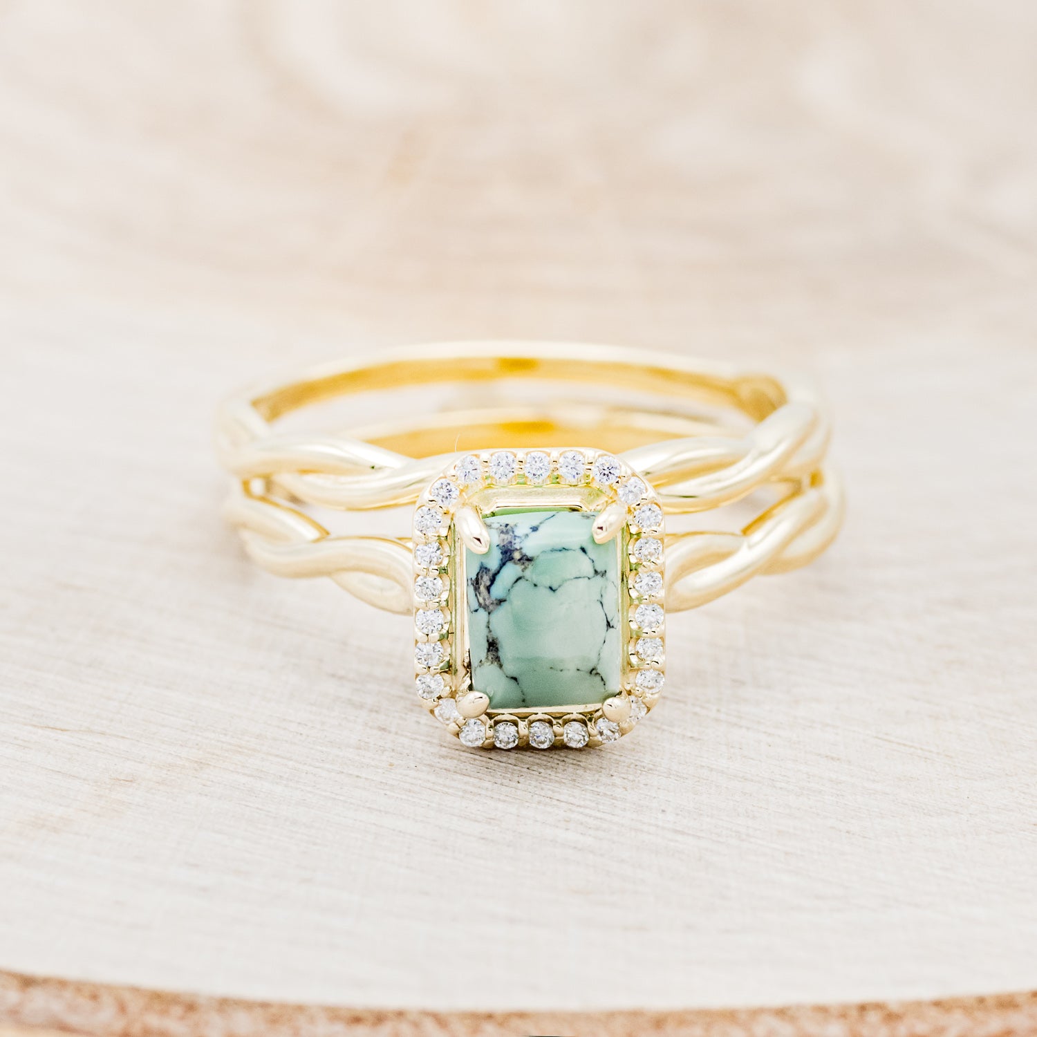 "EVERLEIGH" - EMERALD CUT TURQUOISE WEDDING BAND SET WITH DIAMOND HALO & TWISTED STACKING BAND-4