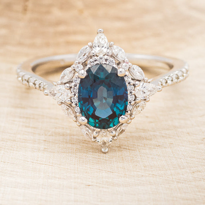 "NORTH STAR" - OVAL LAB-GROWN ALEXANDRITE ENGAGEMENT RING WITH DIAMOND HALO & ACCENTS-4