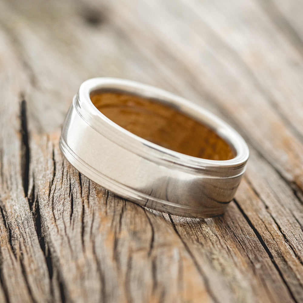"SEDONA" - RAISED CENTER WEDDING BAND WITH WHISKEY BARREL LINING-3