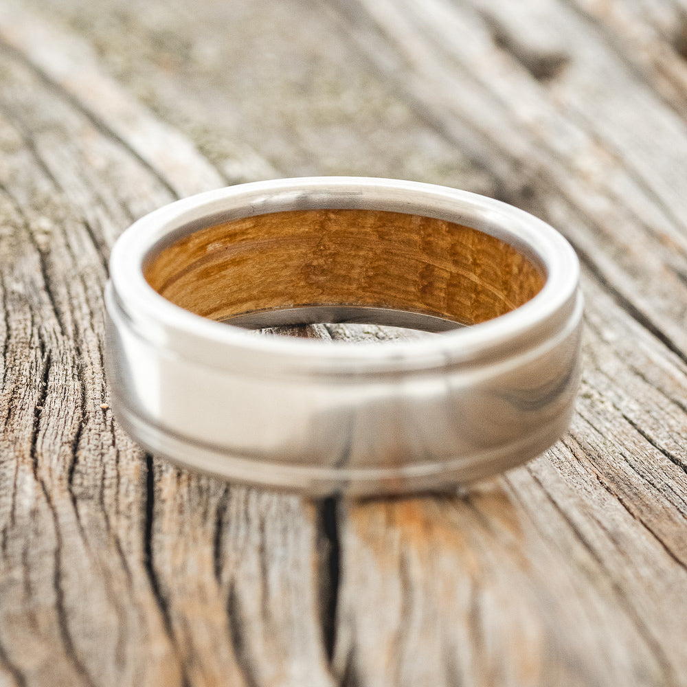 "SEDONA" - RAISED CENTER WEDDING BAND WITH WHISKEY BARREL LINING-6