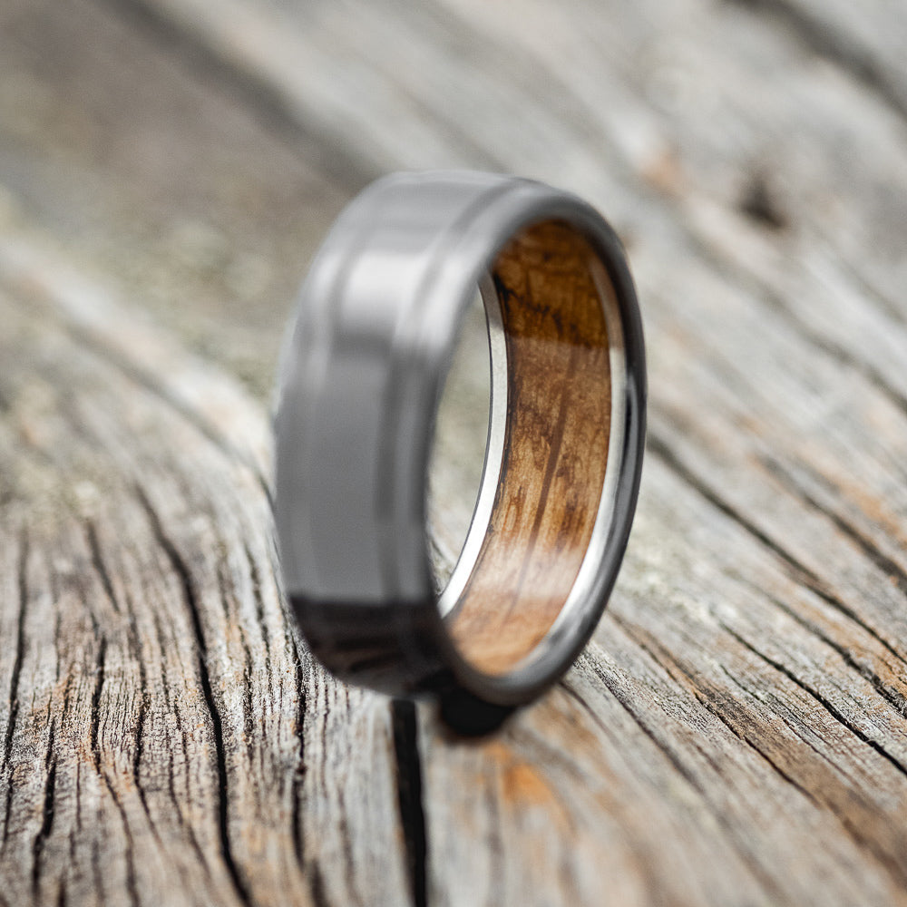 "SEDONA" - RAISED CENTER WEDDING BAND WITH WHISKEY BARREL LINING-8