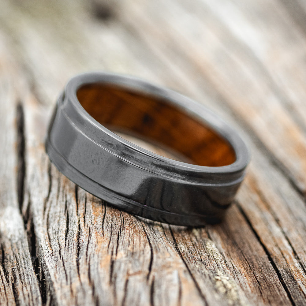"SEDONA" - RAISED CENTER WEDDING BAND WITH WHISKEY BARREL LINING-9