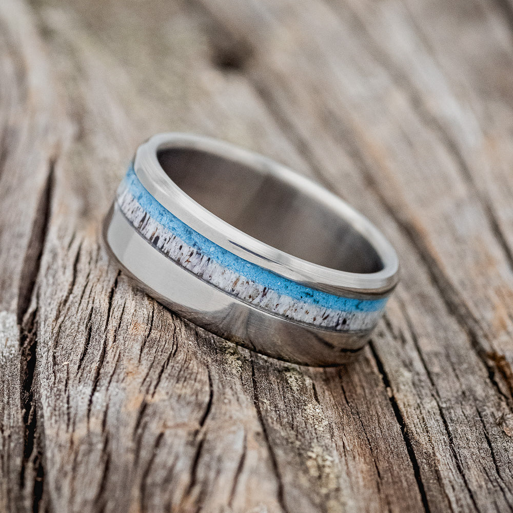 "CASTOR" - MATCHING SET OF ANTLER & TURQUOISE WEDDING BANDS-4