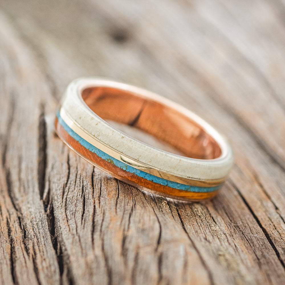 "ARGOS" - ANTLER, 14K GOLD, TURQUOISE, & WHISKEY BARREL OAK WEDDING BAND-2