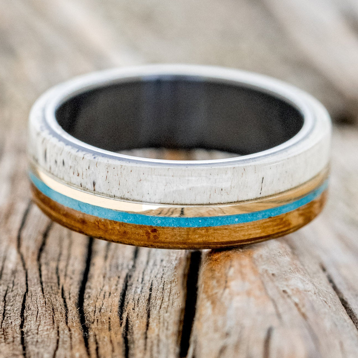 "ARGOS" - WHISKEY BARREL OAK, TURQUOISE, ANTLER & 14K GOLD INLAY WEDDING BAND-6