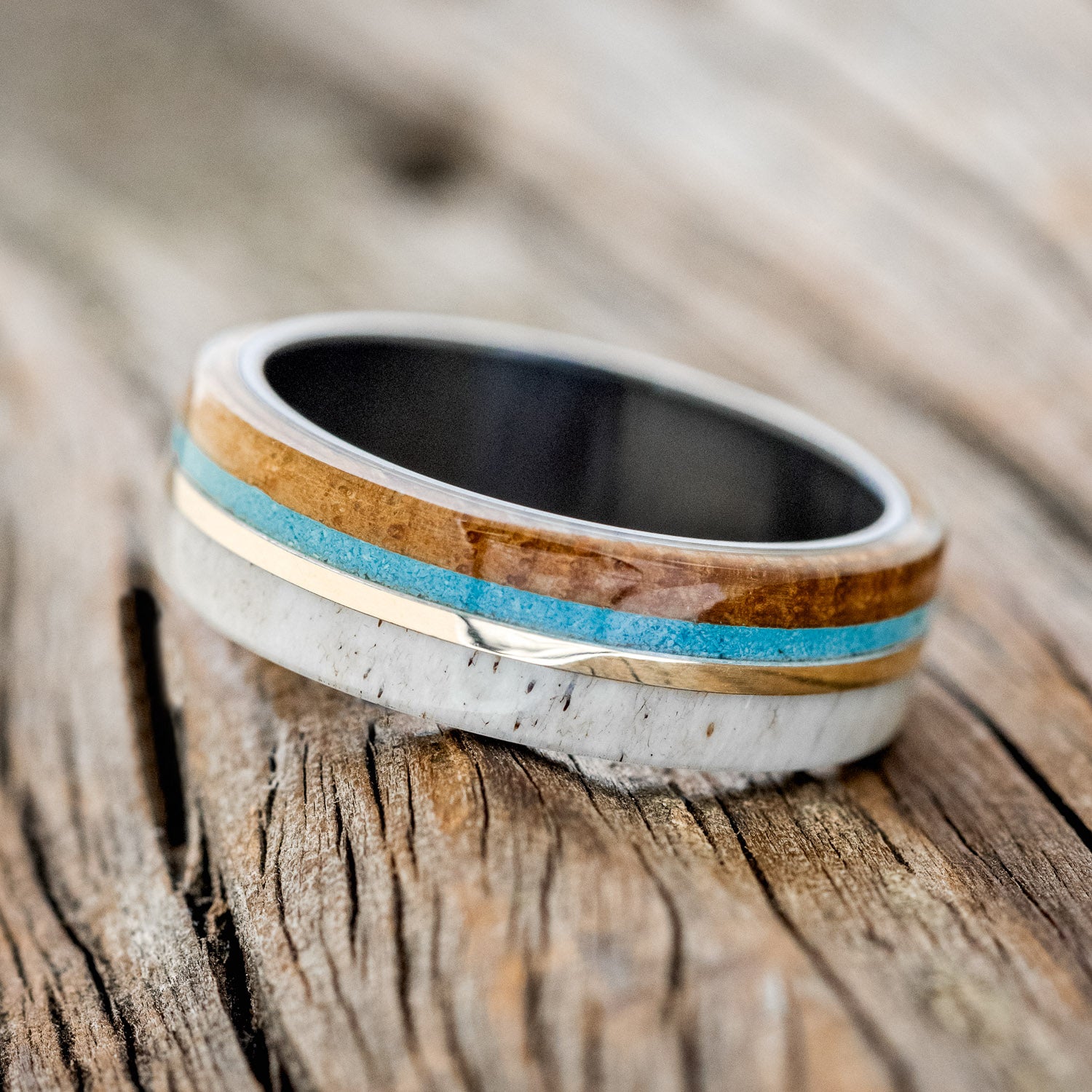 "ARGOS" - WHISKEY BARREL OAK, TURQUOISE, ANTLER & 14K GOLD INLAY WEDDING BAND-5
