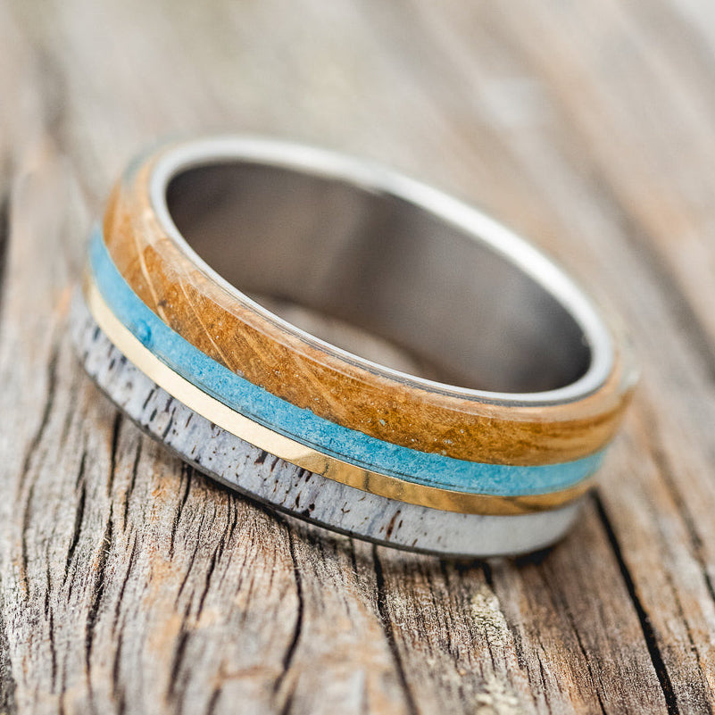 "ARGOS" - WHISKEY BARREL OAK, TURQUOISE, ANTLER & 14K GOLD INLAY WEDDING BAND-2